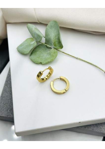 Köşeli Model Gold Altın Renk Halka Çelik Küpe 3 Numara Renk Değiştirmez