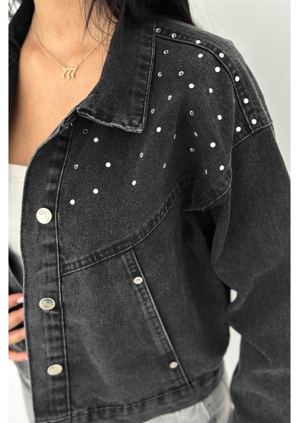 Kadın Taş Detaylı Denim Ceket – Astarsız & Cool Model