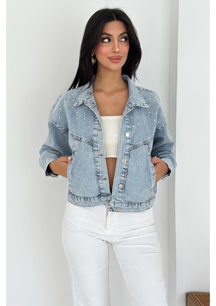 Kadın Taş Detaylı Denim Ceket – Astarsız & Cool Model