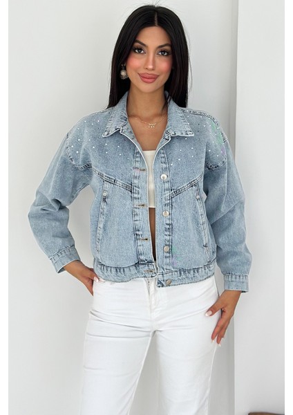 Kadın Taş Detaylı Denim Ceket – Astarsız & Cool Model modelleri