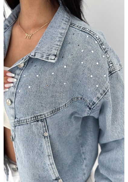 Kadın Taş Detaylı Denim Ceket – Astarsız & Cool Model indirimleri