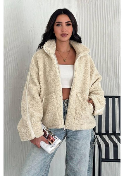 Kadın Fermuarlı Oversize Astarlı Peluş Ceket – Yumuşak Dokulu & Konforlu Stil fiyatları