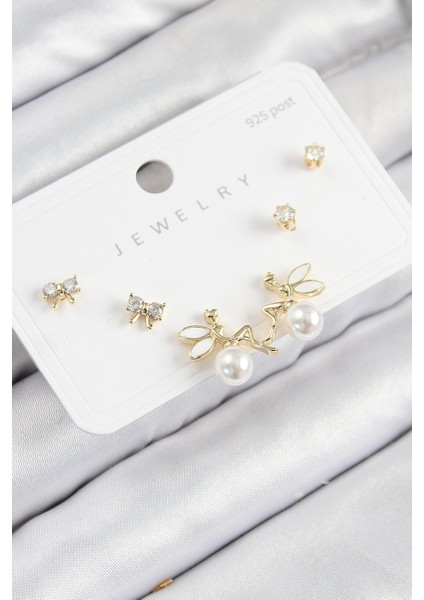 Pirinç Zirkon Taşlı Inci Melek Model Gold Renk 925 Ayar Gümüş Çivi Kadın Küpe Set