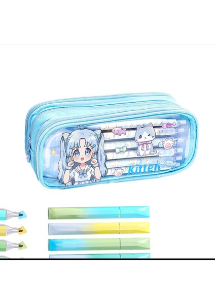 Anime Kız ve Bear Ayıcık Kedili Kuzu Tavşan Desenli Kanvas Geniş Kapasiteli Kalemlik Cüzdan Öğrenci