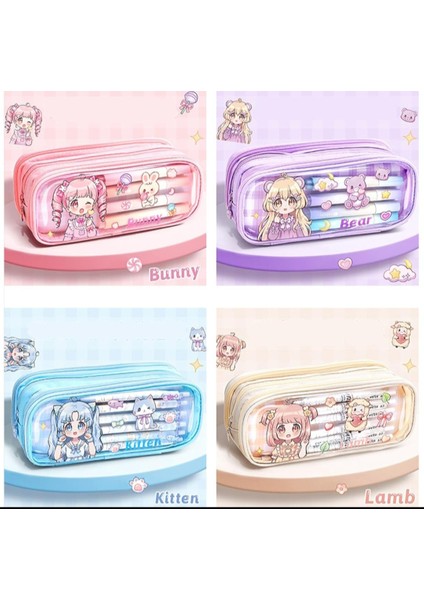 Anime Kız ve Bear Ayıcık Kedili Kuzu Tavşan Desenli Kanvas Geniş Kapasiteli Kalemlik Cüzdan Öğrenci fırsatları