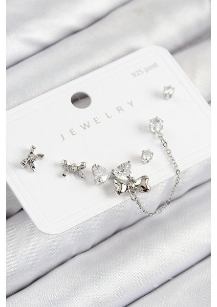 Pirinç Zirkon Taşlı Fiyonk Model Gümüş Renk 925 Ayar Gümüş Çivi Kadın Küpe Set