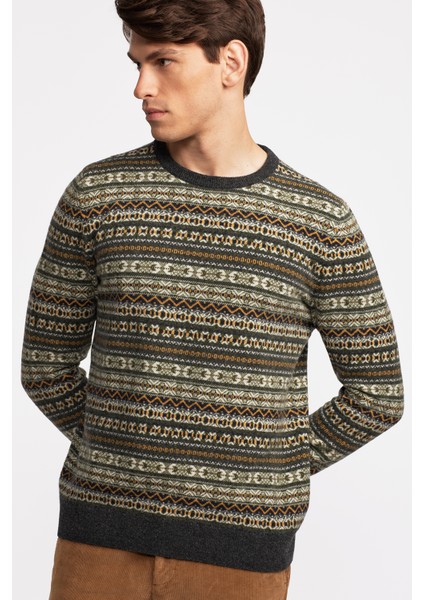 Erkek Antrasit Bisiklet Yaka Desenli Lambswool Kazak fırsatları