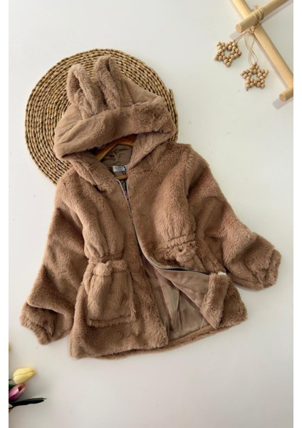 Kulaklı Kapüşonlu Kız Çocuk peluş mont - Vizon