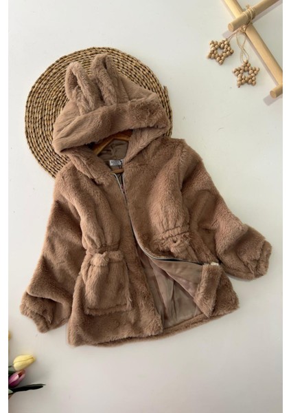 Kulaklı Kapüşonlu Kız Çocuk peluş mont - Vizon fiyatları