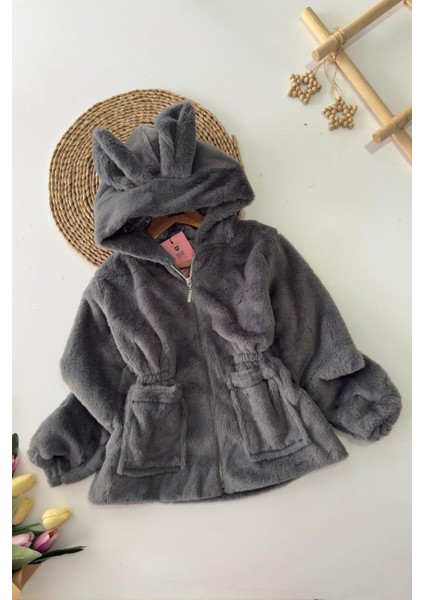 Kulaklı Kapüşonlu Kız Çocuk peluş mont - Füme
