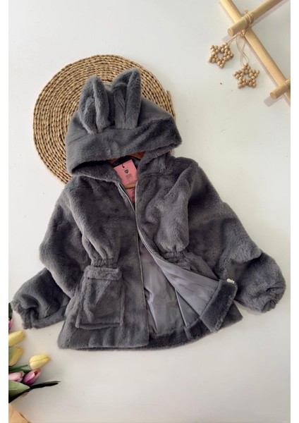 Kulaklı Kapüşonlu Kız Çocuk peluş mont - Füme fiyatları