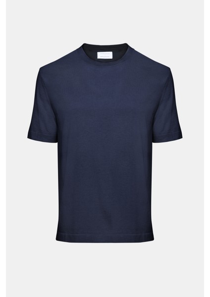 Erkek Lacivert Pamuk Ipek Karışımlı Kısa Kollu Kazak