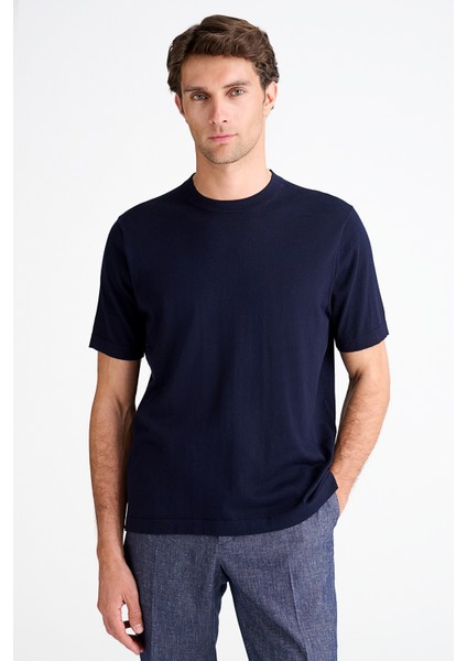 Erkek Lacivert Pamuk Ipek Karışımlı Kısa Kollu Kazak modelleri