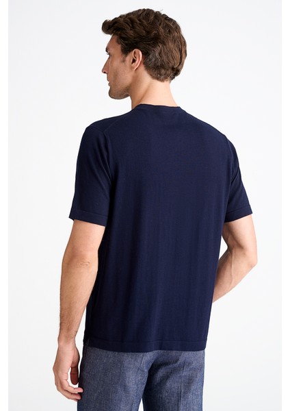 Erkek Lacivert Pamuk Ipek Karışımlı Kısa Kollu Kazak fırsatları