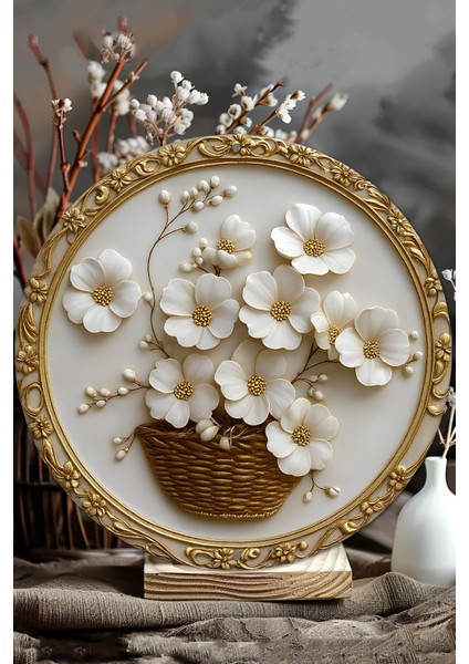 Altın Detaylı Çiçek Sepeti Tasarımlı Uv Baskılı Mdf Duvar Süsü – 33X33 cm & 20X20 cm DT116 modelleri