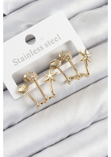 Pirinç Zirkon Taşlı Deniz Yıldızı ve Istiridye Model Gold Renk Kadın Küpe