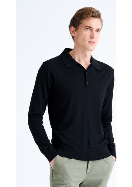 Erkek Siyah Polo Yaka Yün Kazak