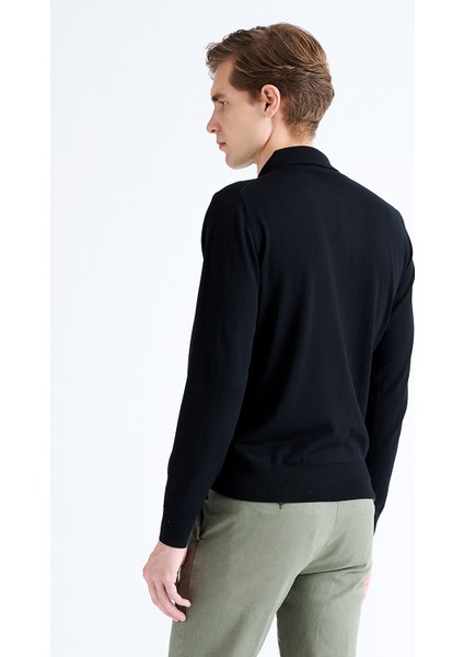 Erkek Siyah Polo Yaka Yün Kazak