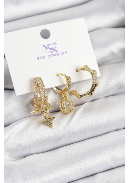 Pirinç Zirkon Taşlı Sallantılı Yıldız Model Gold Renk 3 Lü Kadın Küpe