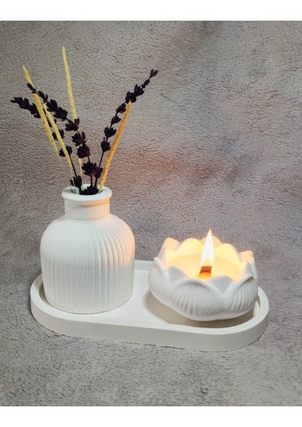 Dekoratif Vintage Vazo ve Lotus Mum Set 3 Parça-Kokulu Mum Şık Objeler