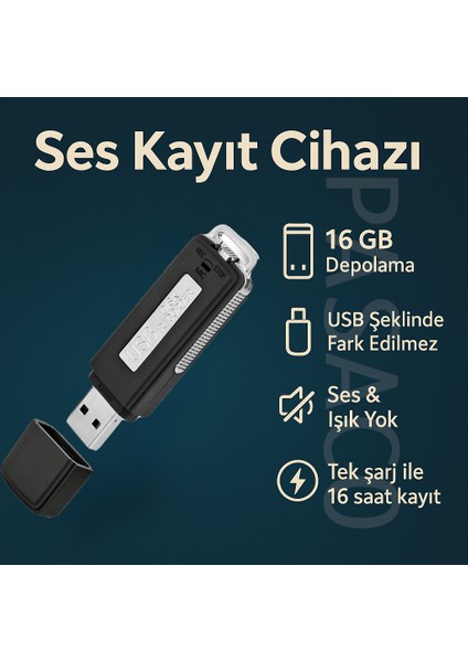 Ses Kayıt Cihazı USB Şeklinde Fark Edilmez Tasarım 16GB Tek Şarj Ile 16 Saat Kayıt