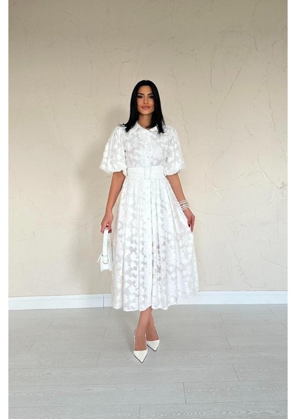 Ekru Kemerli Balon Kollu Elbise
