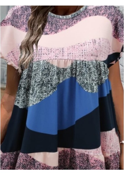 Kadın Kısa Kollu Bisiklet Yaka Kare Desenli Dalgıç Elbise fırsatları