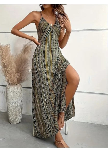 Kadın Ip Askılı Sırttan Çapraz Detaylı Yırtmaçlı Desenli Süprem Elbise fiyatları