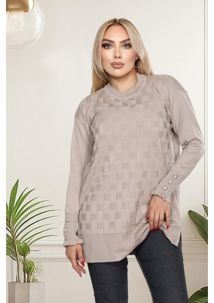 Yeni Sezon Soğuk Iplik Düz Yaka Tunik - Fırfırlı Kol, Kol Düğme Detaylı, Günlük & Şık Kominler Için modelleri
