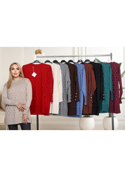 Yeni Sezon Soğuk Iplik Düz Yaka Tunik - Fırfırlı Kol, Kol Düğme Detaylı, Günlük & Şık Kominler Için