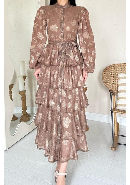 Vizon Valonlu Şeritli Kat Kat Elbise