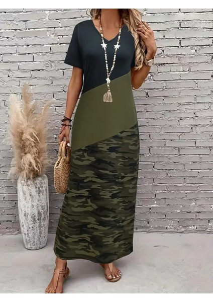 Kadın Kısa Kollu Bisiklet Yaka Çok Renkli Maksi Viskon Elbise modelleri