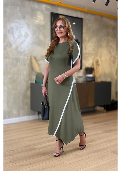 Kadın Kısa Kollu Bisiklet Yaka Çift Şerit Renk Detaylı Asimetrik Kesim Viskon Iki Iplik Elbise