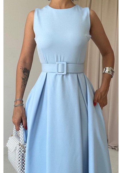 Bebe Mavi Halter Yaka Kloş Elbise modelleri