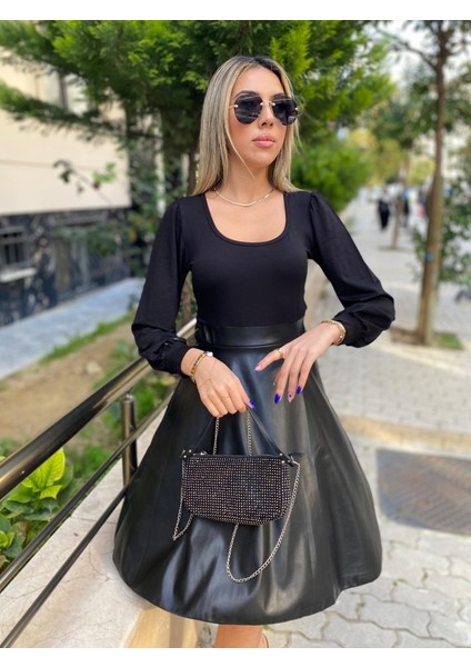 Kadın Uzun Kollu Üst Viskon Alt Kloş Deri Elbise indirimleri