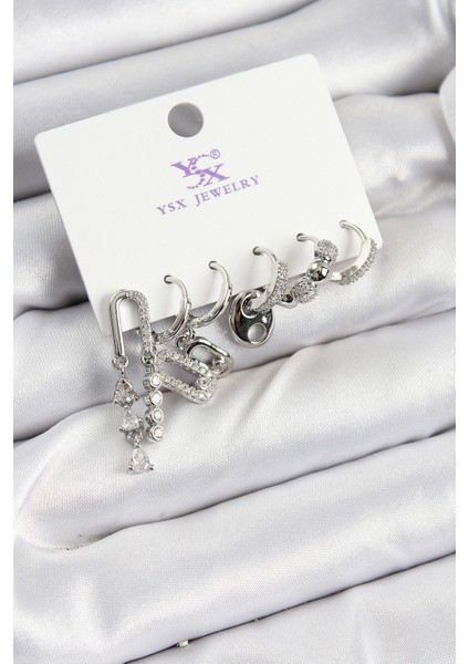 Pirinç Zirkon Taşlı Dikdörtgen Model Gümüş Renk 3 Lü Çift Kadın Küpe