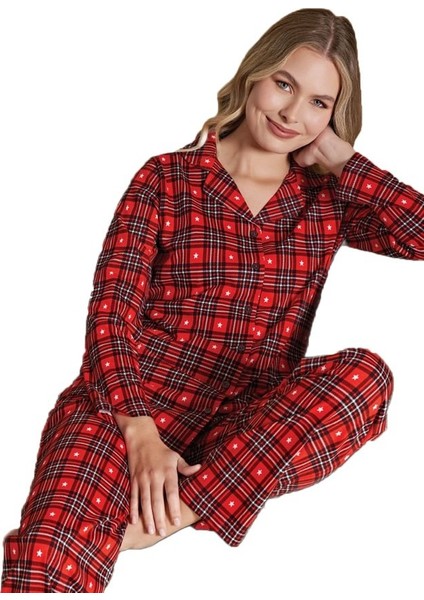 Kadın Önden Düğmeli Uzun Kollu Kışlık Ekose Pijama Takımı Chiara Bellini Rahat Ev Giyim Hediyelik modelleri