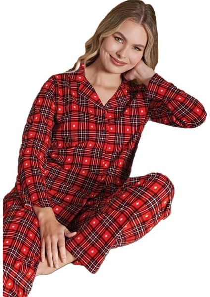 Kadın Önden Düğmeli Uzun Kollu Kışlık Ekose Pijama Takımı Chiara Bellini Rahat Ev Giyim Hediyelik fırsatları