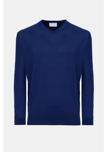 Erkek Lacivert V Yaka Yün Kazak