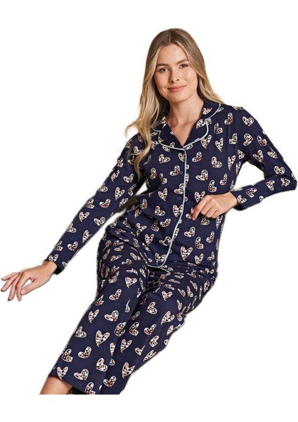 Valeria Milano Tasarım Kadın Önden Düğmeli Uzun Kollu Pijama Takımı Rahat Kışlık Ev Giyim Hediyelik