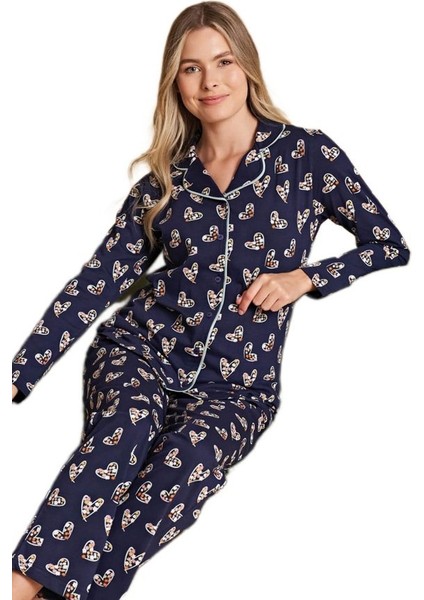 Valeria Milano Tasarım Kadın Önden Düğmeli Uzun Kollu Pijama Takımı Rahat Kışlık Ev Giyim Hediyelik fırsatları