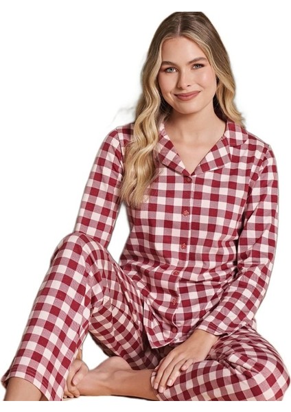 Kadın Önden Düğmeli Uzun Kollu Kışlık Pijama Takımı Elena Moretti Rahat Ev Giyim Hediyelik