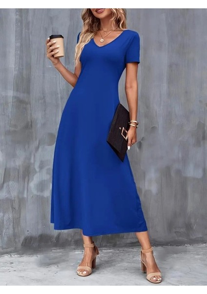 Kadın Kısa Kollu V Yakalı Cepli Viskon Elbise
