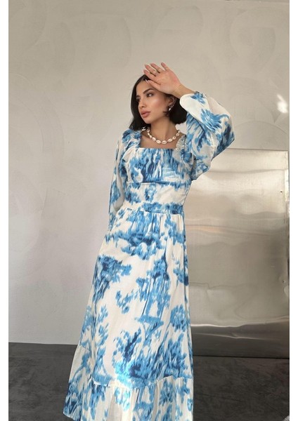 Mavi Arkası Gipeli Uzun Elbise fiyatları