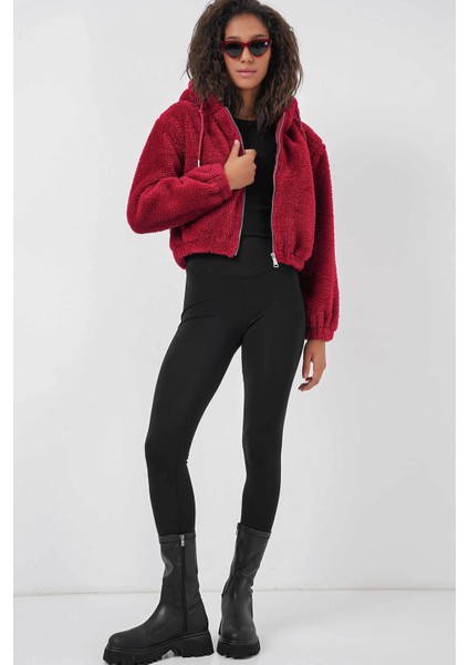 Kapüşonlu Peluş Crop Bordo Kadın Ceket 5193 fiyatları