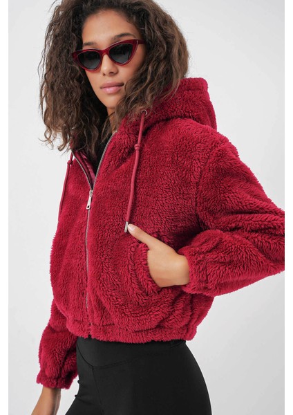 Kapüşonlu Peluş Crop Bordo Kadın Ceket 5193 modelleri