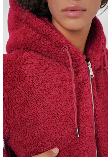 Kapüşonlu Peluş Crop Bordo Kadın Ceket 5193 fırsatları