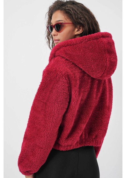 Kapüşonlu Peluş Crop Bordo Kadın Ceket 5193 indirimleri