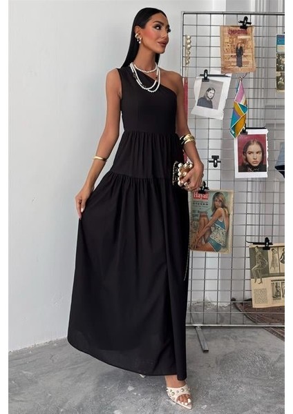 Tek Omuzlu Pile Detay Maxi Elbise 2895