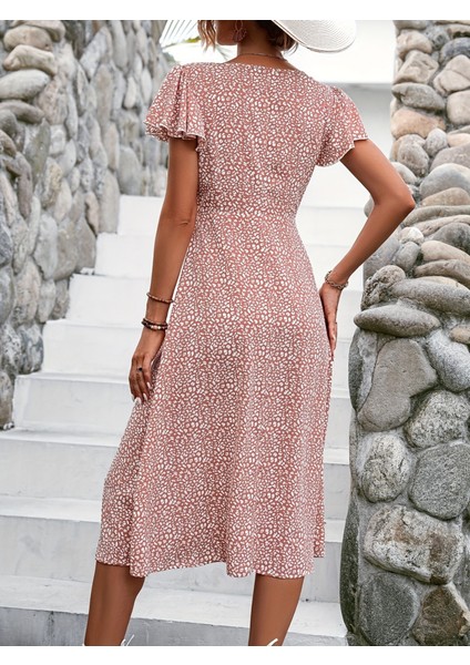 Kadın Kısa Kollu Önü Düğmeli Volanlı Minik Leopar Desen Midi Viskon Elbise modelleri